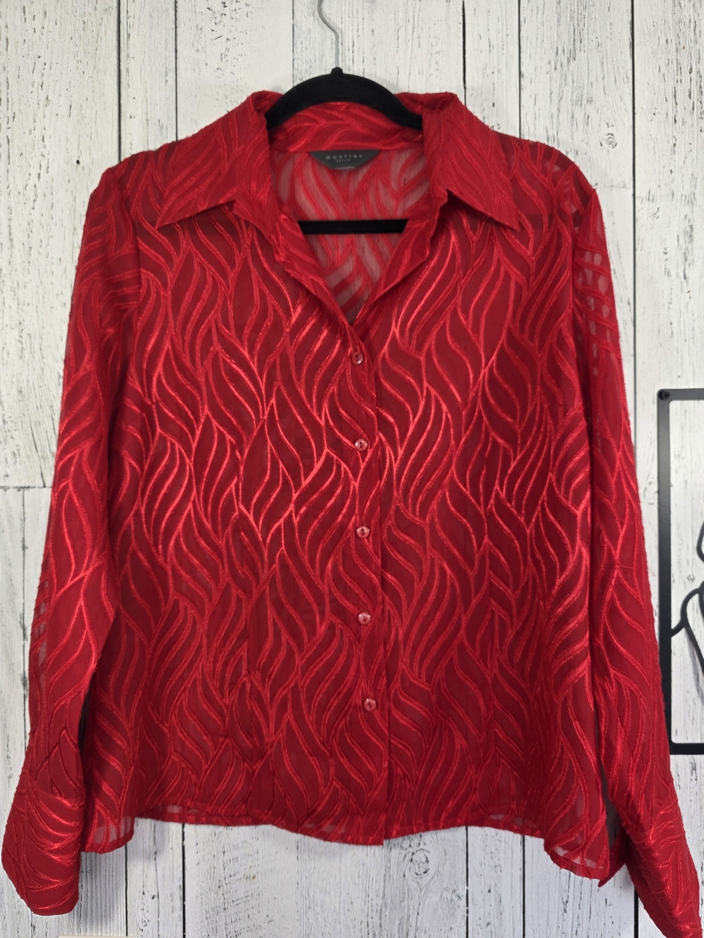 Manties Petite Red Sheer Burnout Blouse Holiday Party Top Est Size LP
